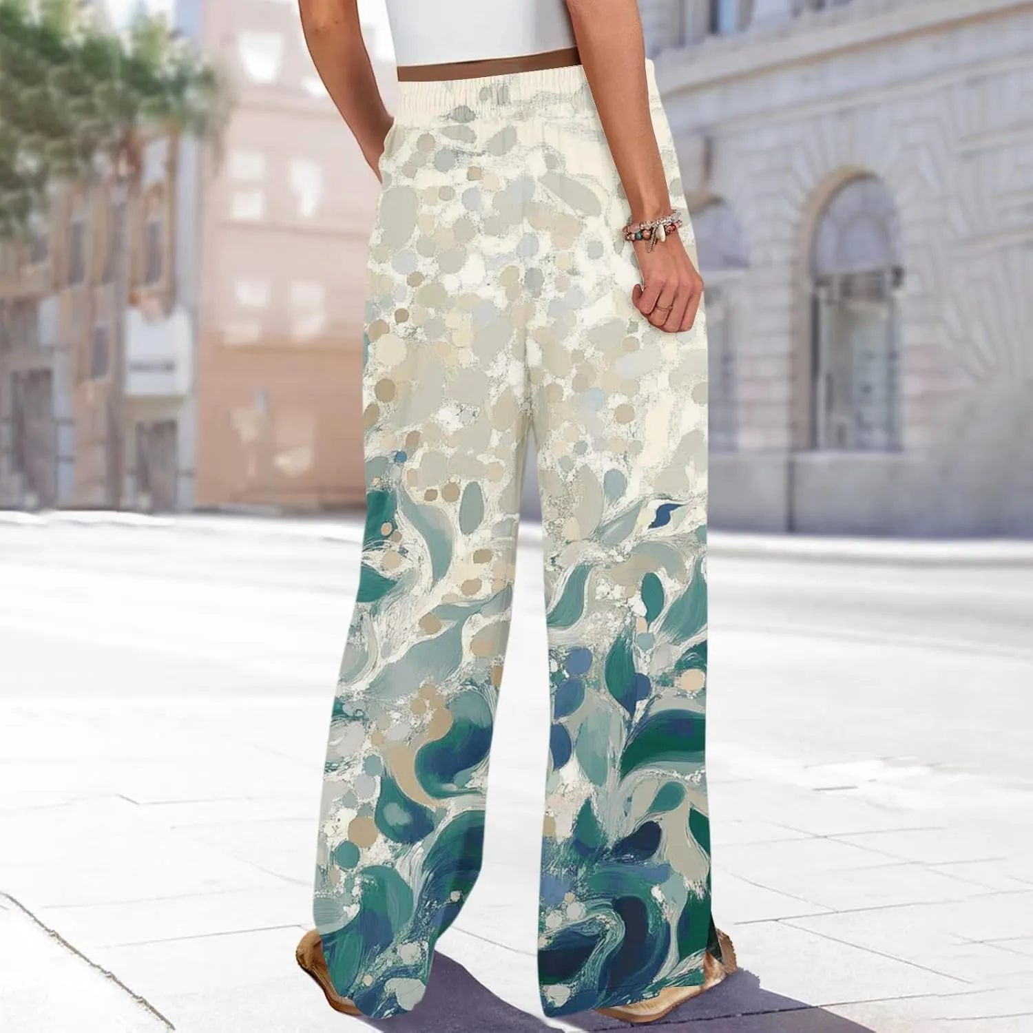 Boho Palazzo Pants for Women Dressy Loose Beach Plus Size Trendy Yoga High Waisted Flowy Vacation Trousers