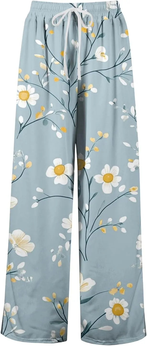 Boho Wide Leg Pants for Women Loose Baggy High Waisted Plus Size Petite Vacation Flowy Wide Leg Bohemian Trousers