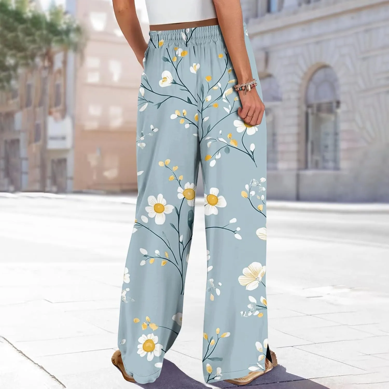Boho Wide Leg Pants for Women Loose Baggy High Waisted Plus Size Petite Vacation Flowy Wide Leg Bohemian Trousers