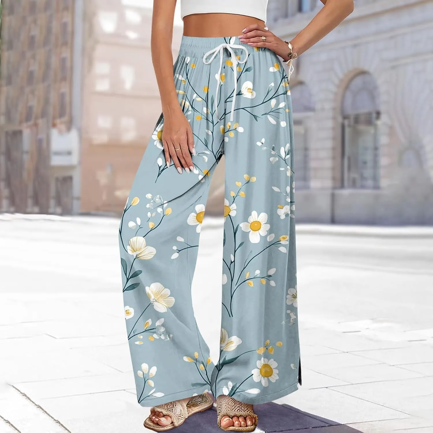 Boho Wide Leg Pants for Women Loose Baggy High Waisted Plus Size Petite Vacation Flowy Wide Leg Bohemian Trousers