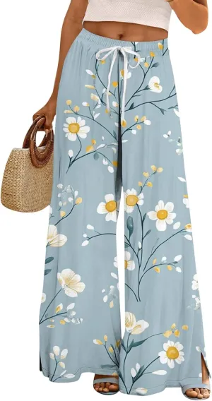 Boho Wide Leg Pants for Women Loose Baggy High Waisted Plus Size Petite Vacation Flowy Wide Leg Bohemian Trousers