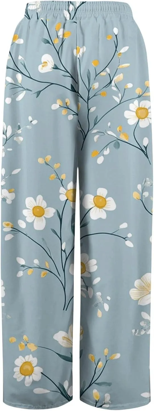 Boho Wide Leg Pants for Women Loose Baggy High Waisted Plus Size Petite Vacation Flowy Wide Leg Bohemian Trousers