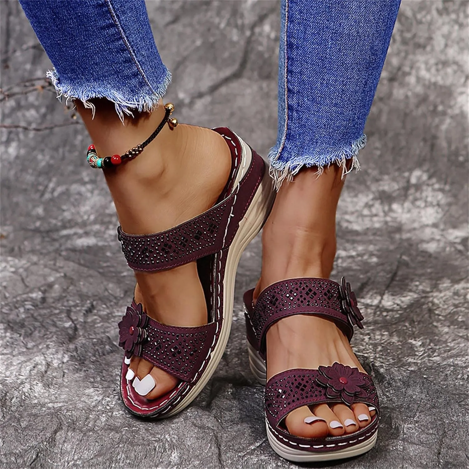 Breathable Shoes Women Fashion Wedges Toe Beach Flowers Sandals Slip-On Womens Bridal Sandals Slippers