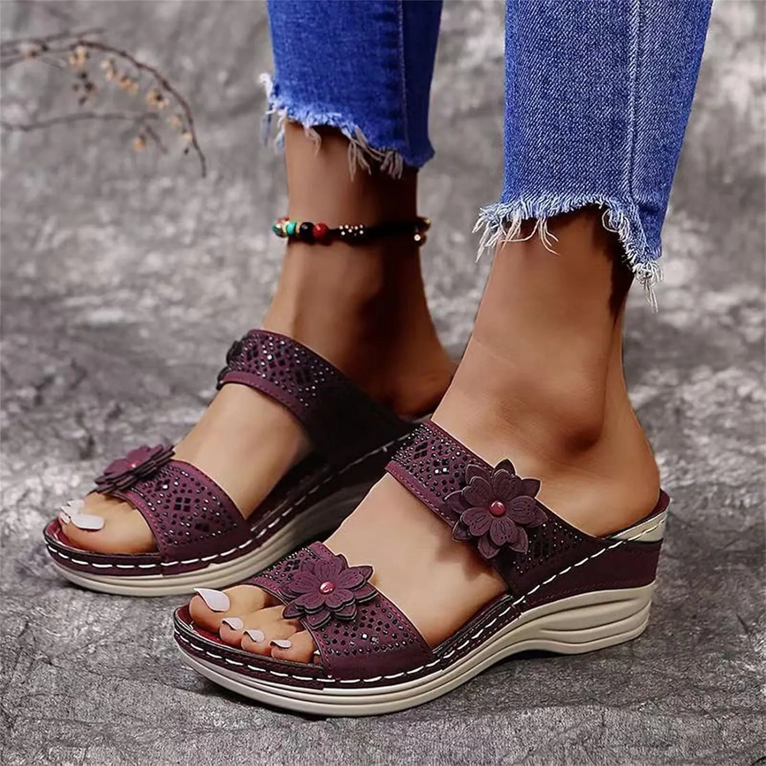 Breathable Shoes Women Fashion Wedges Toe Beach Flowers Sandals Slip-On Womens Bridal Sandals Slippers
