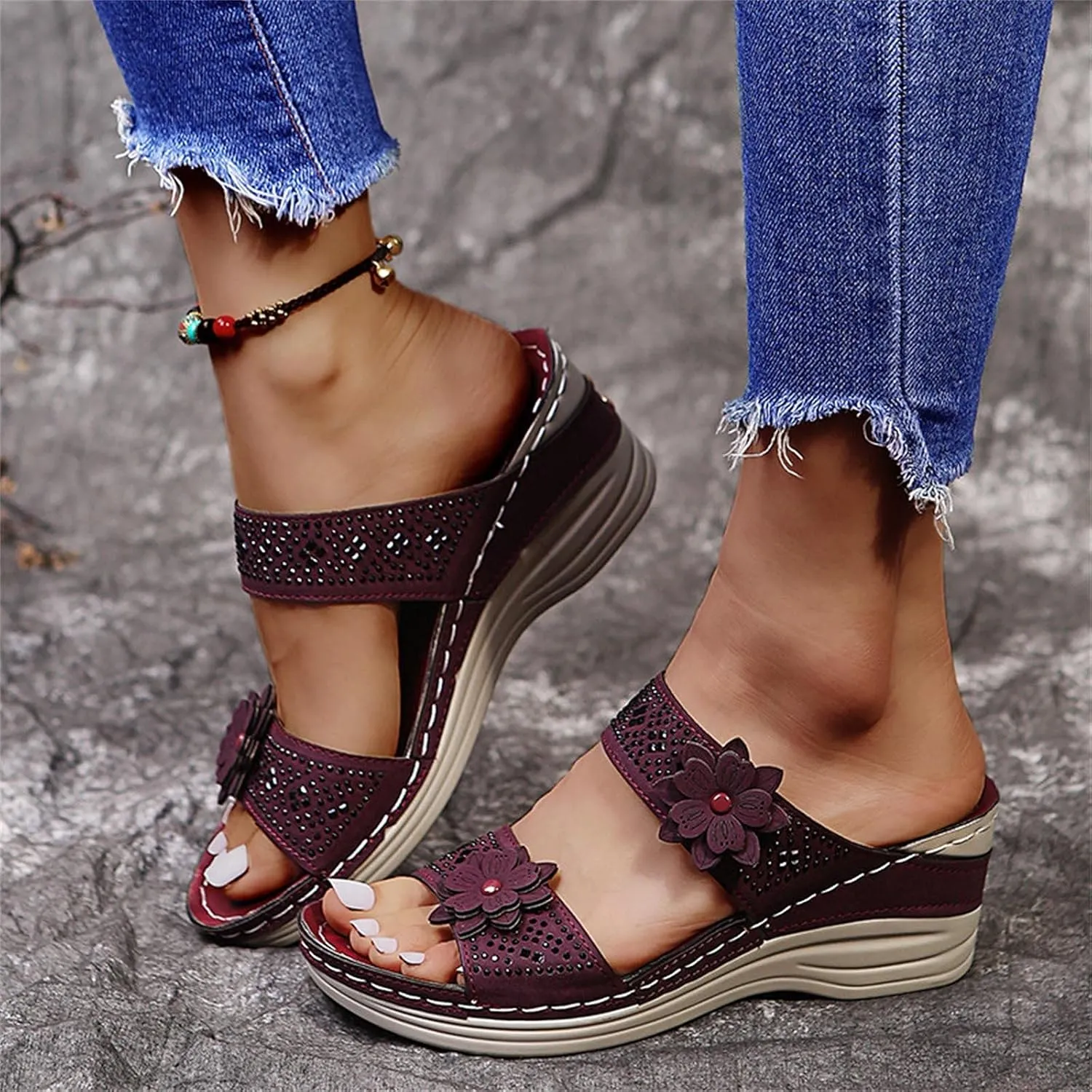 Breathable Shoes Women Fashion Wedges Toe Beach Flowers Sandals Slip-On Womens Bridal Sandals Slippers