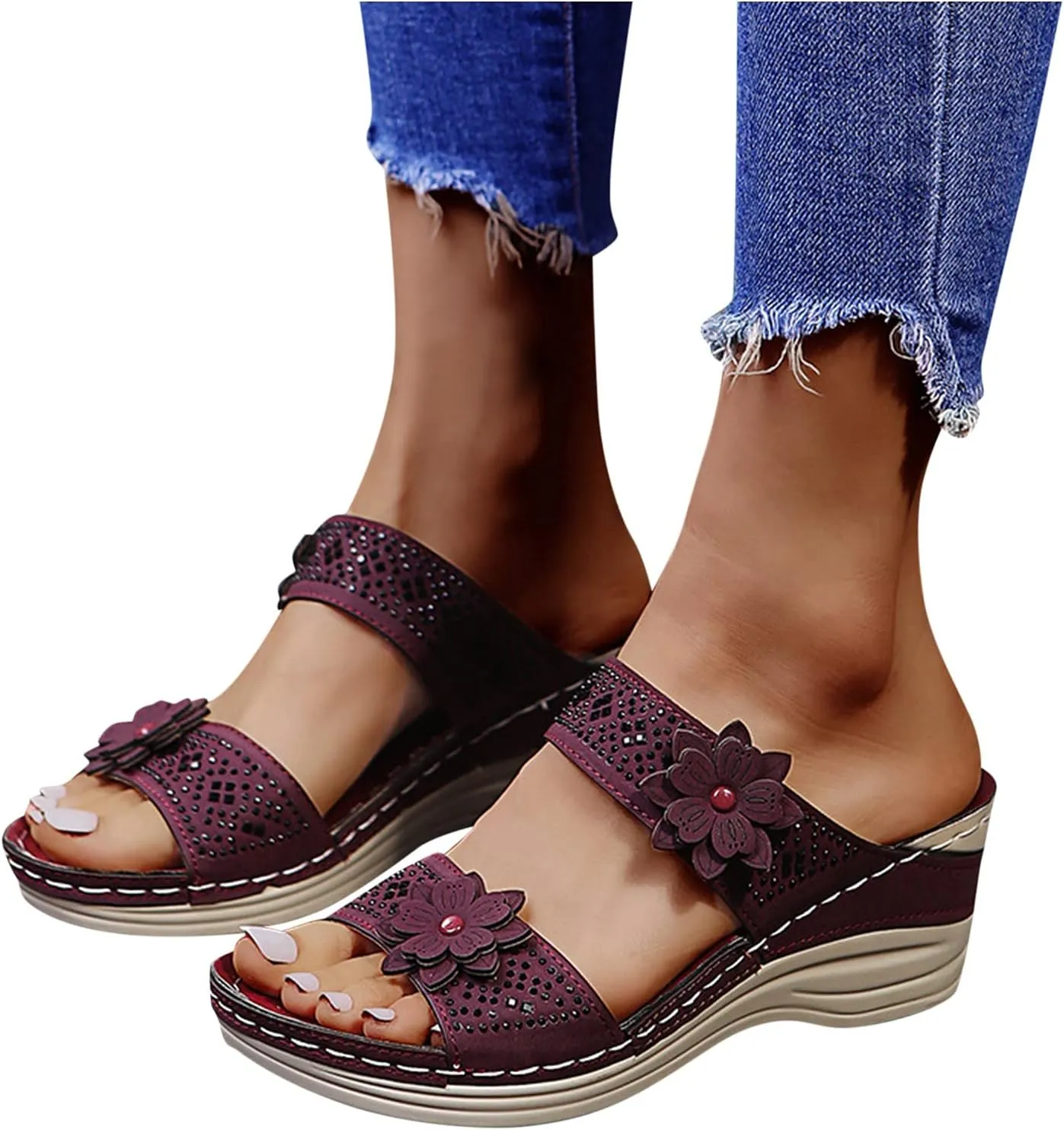 Breathable Shoes Women Fashion Wedges Toe Beach Flowers Sandals Slip-On Womens Bridal Sandals Slippers