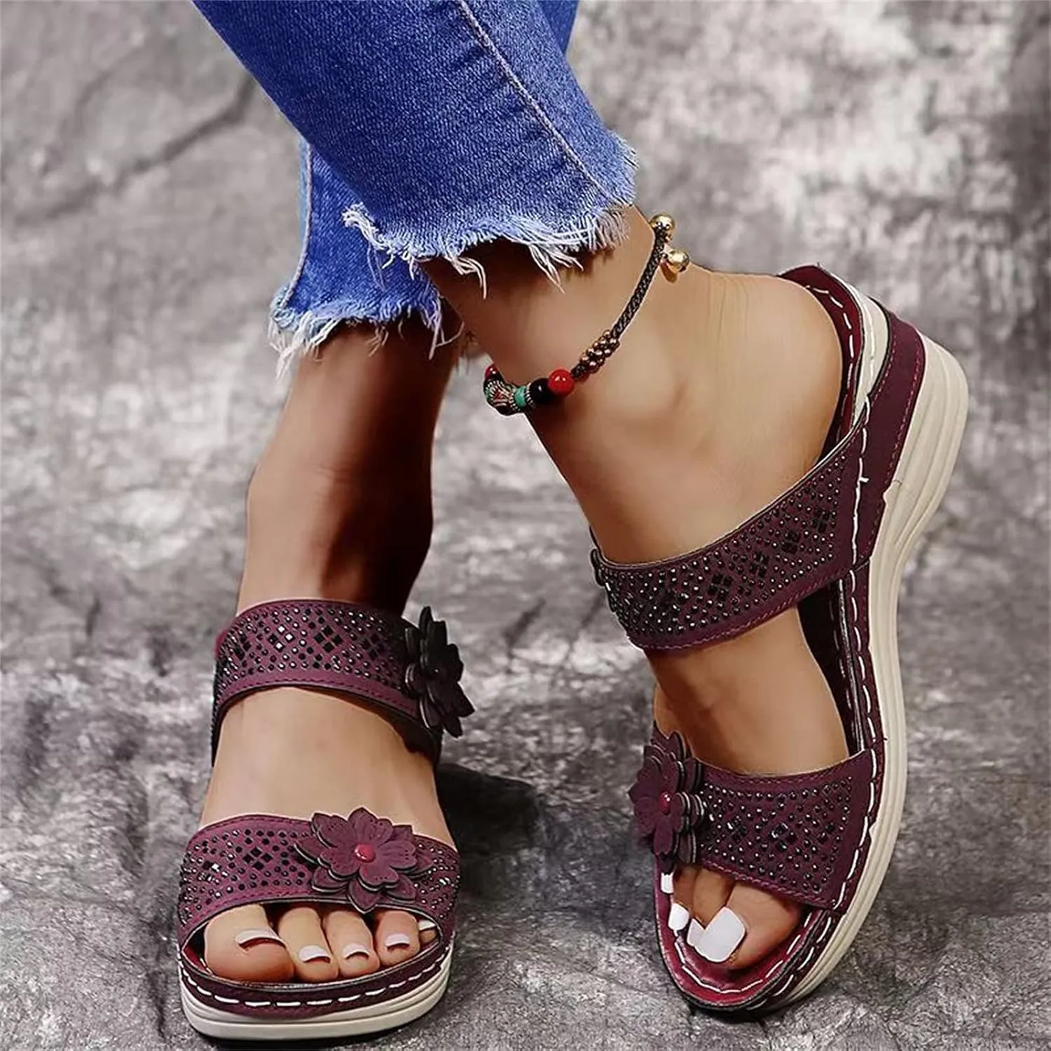 Breathable Shoes Women Fashion Wedges Toe Beach Flowers Sandals Slip-On Womens Bridal Sandals Slippers