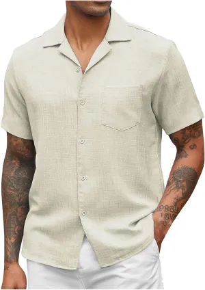 Button Down Short Sleeve Shirt for Men Casual Collared Linen Shirts Textured Shirts Vacation Beach Shirts
