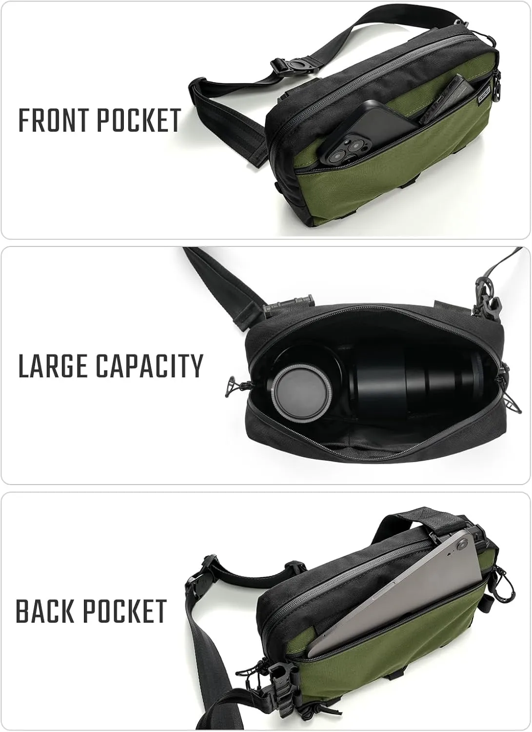 Cache L4 EDC Sling Bag, Lightweight Crossbody Shoulder Bag, Travel Chest Bag, Single Strap Bag for Casual Travel, Hiking, and Outdoor Sports(Black Green)