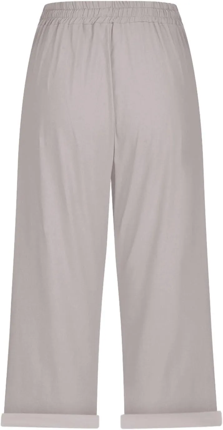 Capri Pants for Women Summer High Waist Elastic Capri Pants Straight Leg Lounge Pant Casual Loose Beach Trousers