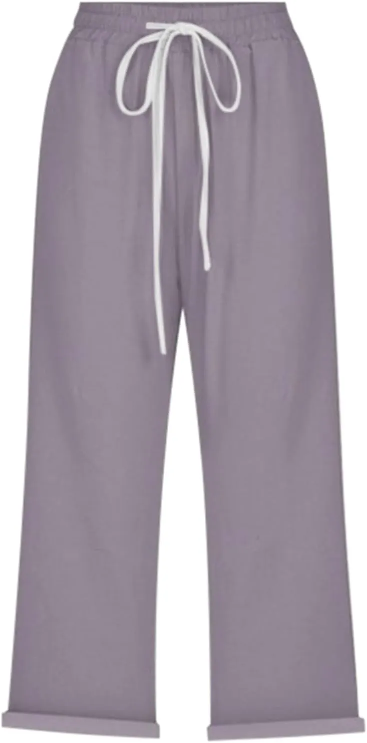 Capri Pants for Women Summer High Waist Elastic Capri Pants Straight Leg Lounge Pant Casual Loose Beach Trousers