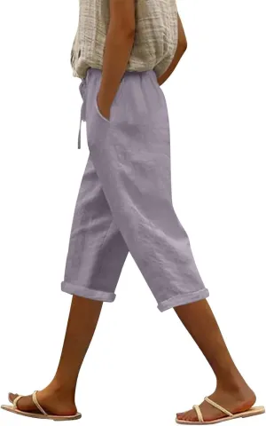 Capri Pants for Women Summer High Waist Elastic Capri Pants Straight Leg Lounge Pant Casual Loose Beach Trousers