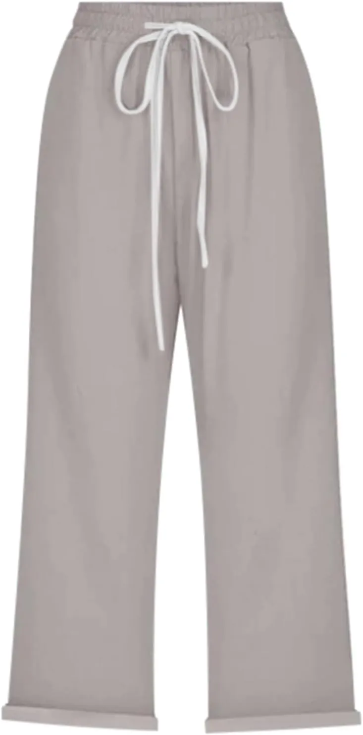 Capri Pants for Women Summer High Waist Elastic Capri Pants Straight Leg Lounge Pant Casual Loose Beach Trousers