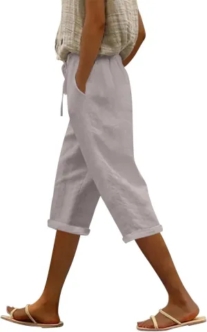 Capri Pants for Women Summer High Waist Elastic Capri Pants Straight Leg Lounge Pant Casual Loose Beach Trousers