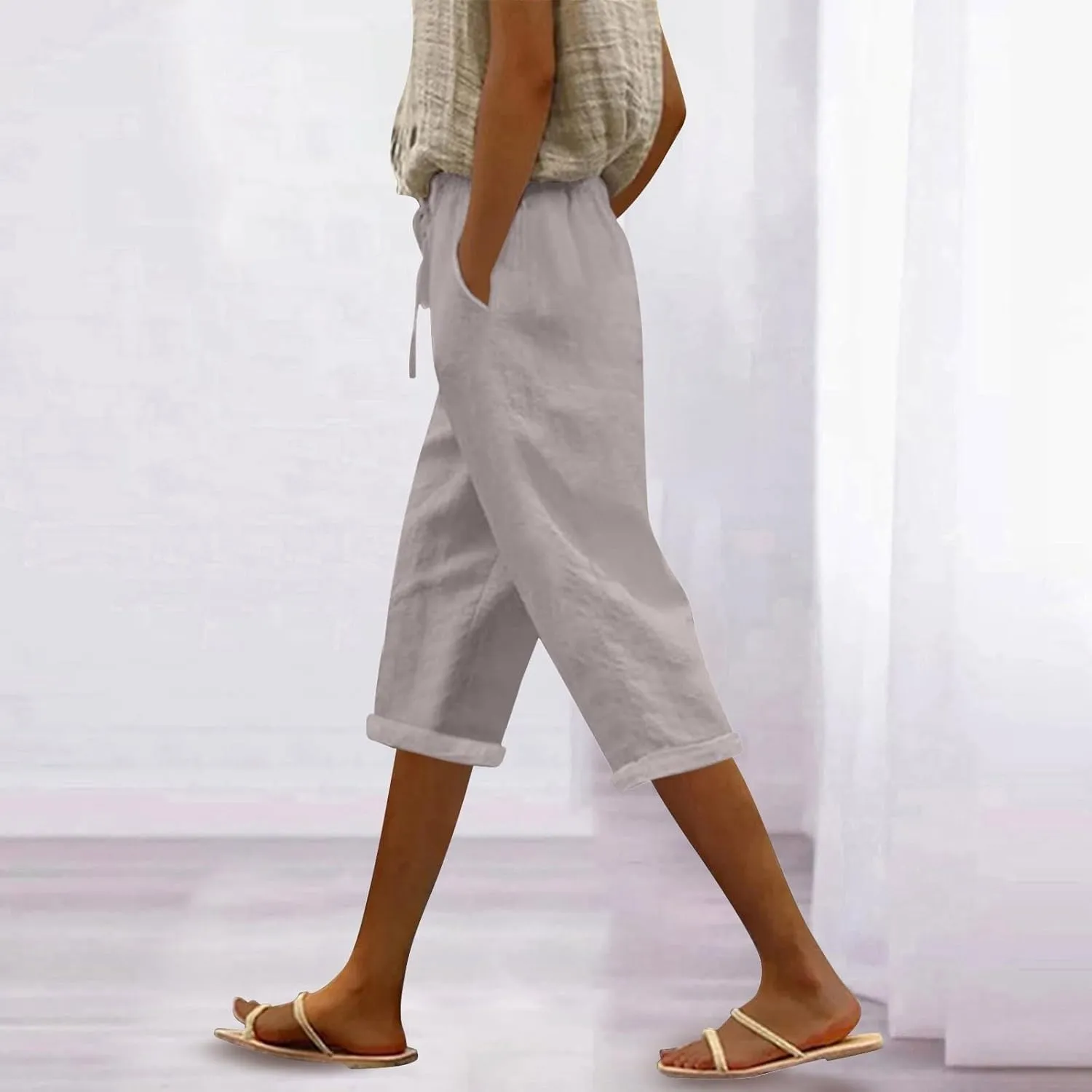 Capri Pants for Women Summer High Waist Elastic Capri Pants Straight Leg Lounge Pant Casual Loose Beach Trousers