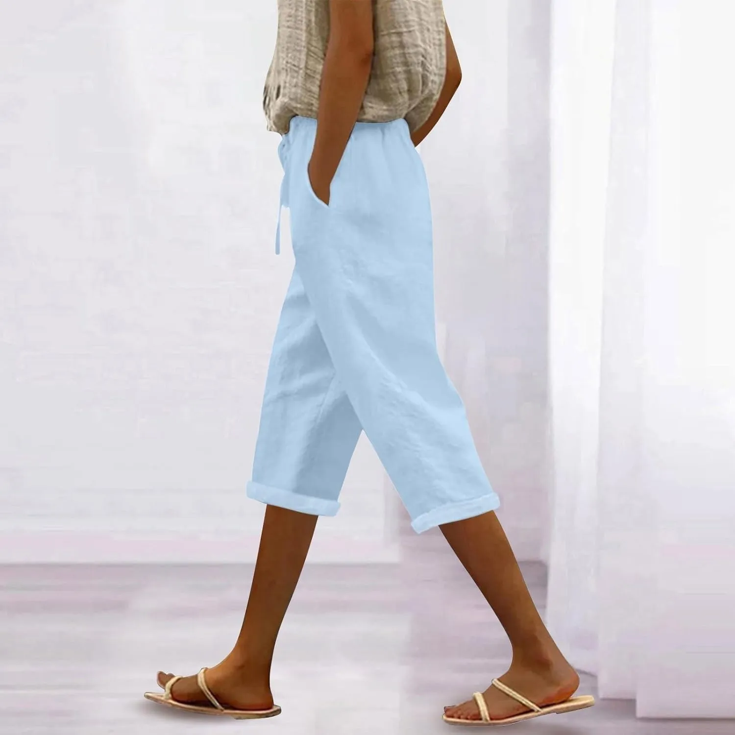 Capri Pants for Women Summer High Waist Elastic Capri Pants Straight Leg Lounge Pant Casual Loose Beach Trousers