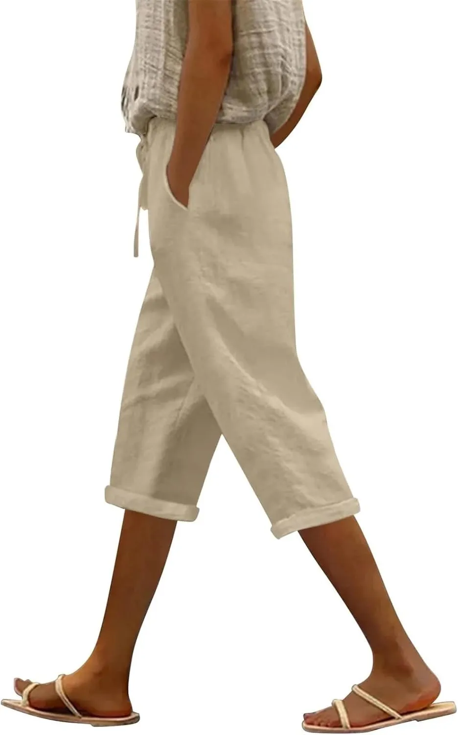 Capri Pants for Women Summer High Waist Elastic Capri Pants Straight Leg Lounge Pant Casual Loose Beach Trousers
