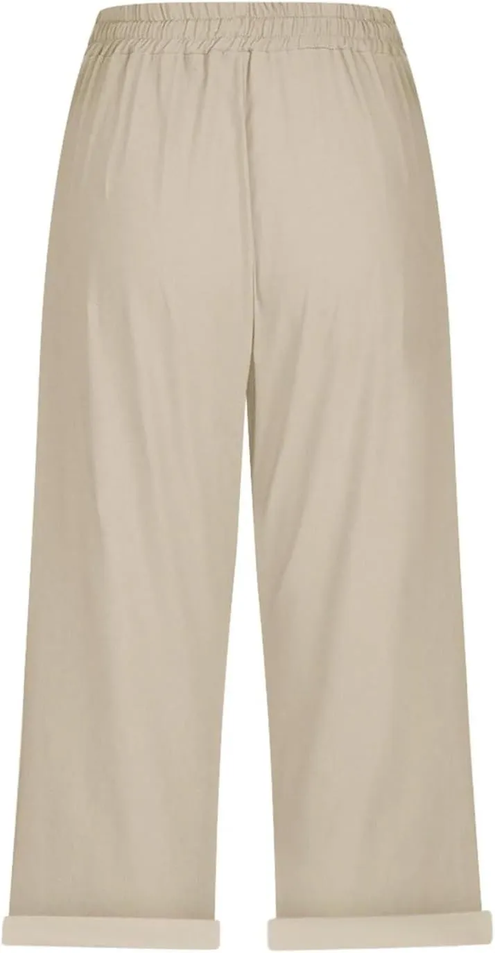 Capri Pants for Women Summer High Waist Elastic Capri Pants Straight Leg Lounge Pant Casual Loose Beach Trousers