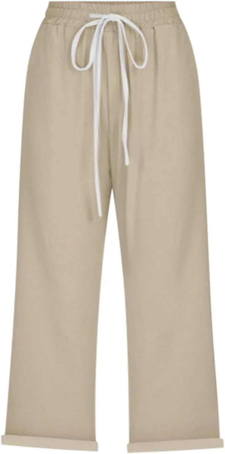 Capri Pants for Women Summer High Waist Elastic Capri Pants Straight Leg Lounge Pant Casual Loose Beach Trousers