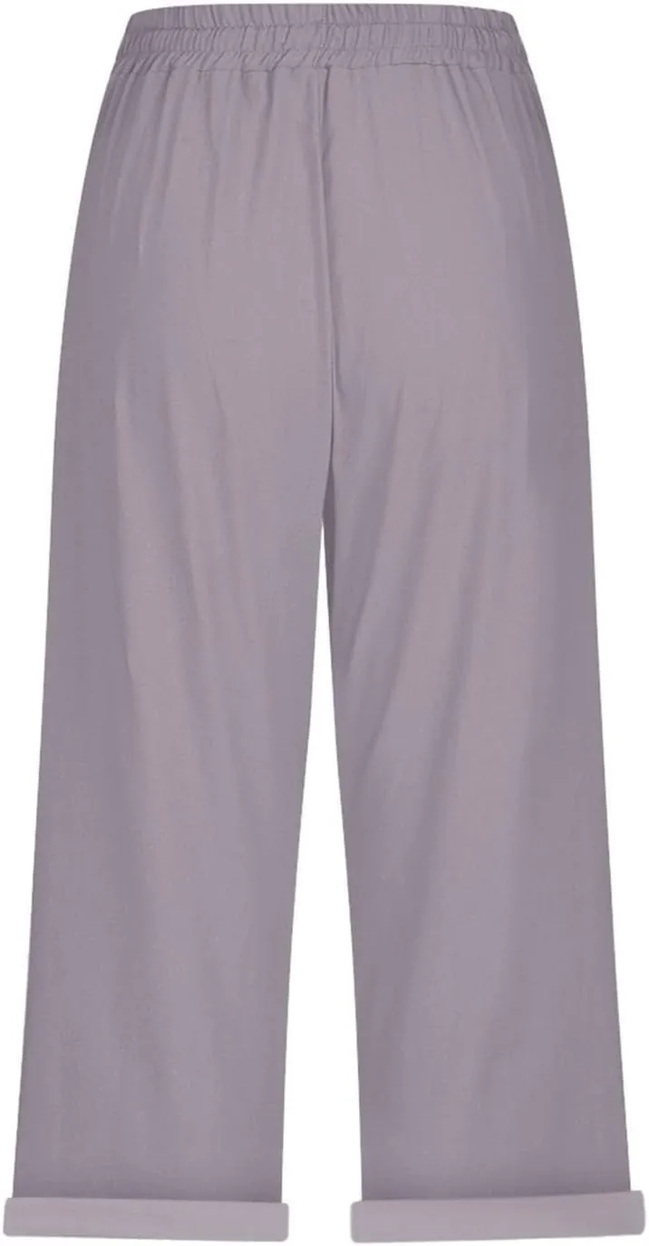 Capri Pants for Women Summer High Waist Elastic Capri Pants Straight Leg Lounge Pant Casual Loose Beach Trousers