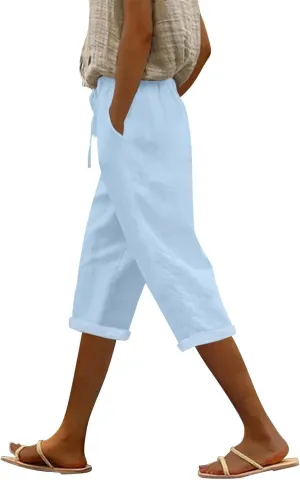 Capri Pants for Women Summer High Waist Elastic Capri Pants Straight Leg Lounge Pant Casual Loose Beach Trousers