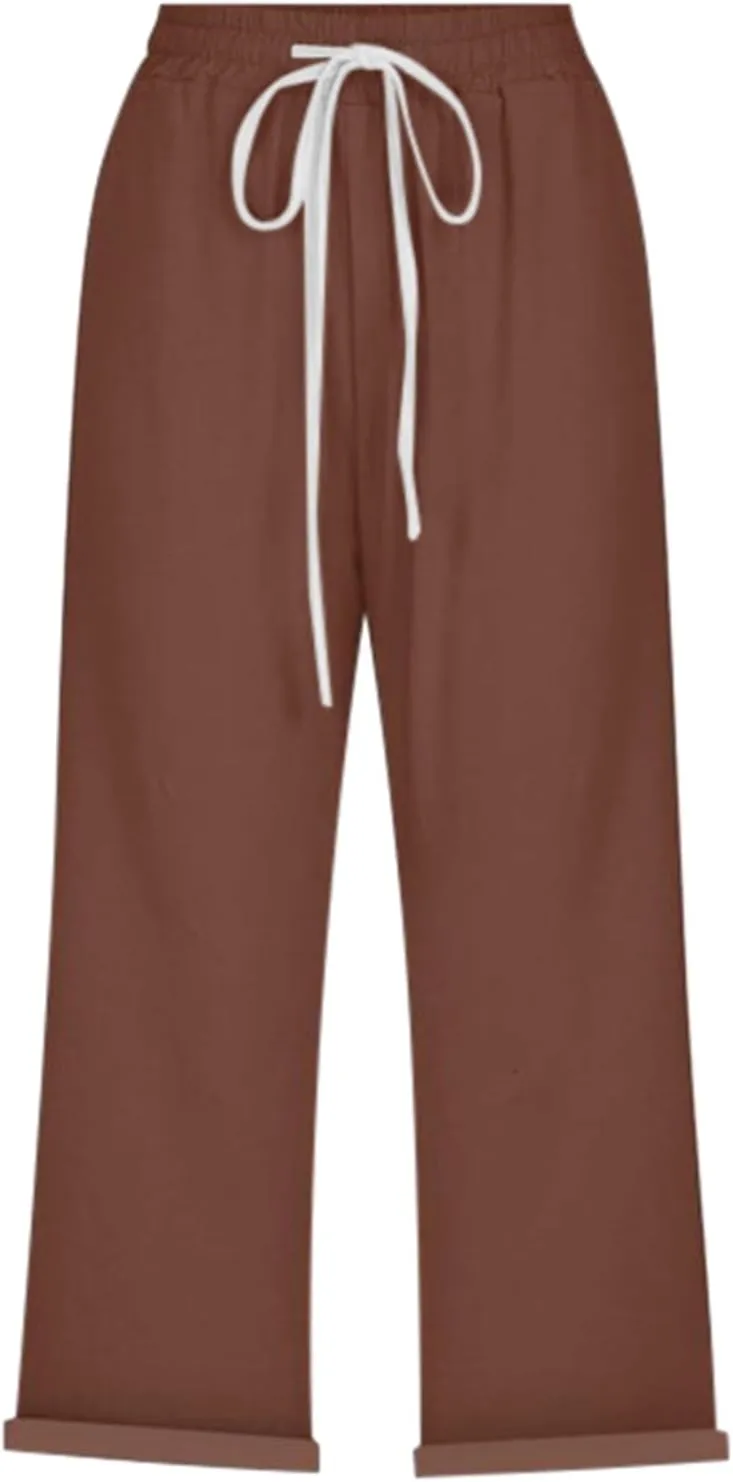 Capri Pants for Women Summer High Waist Elastic Capri Pants Straight Leg Lounge Pant Casual Loose Beach Trousers