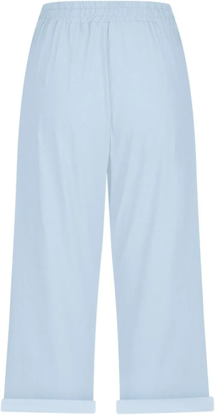 Capri Pants for Women Summer High Waist Elastic Capri Pants Straight Leg Lounge Pant Casual Loose Beach Trousers