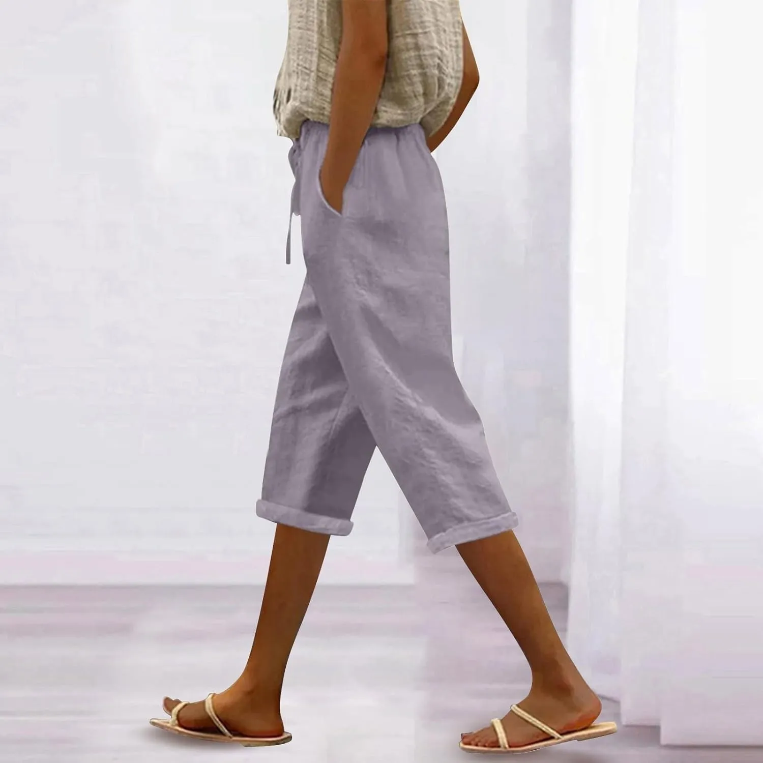 Capri Pants for Women Summer High Waist Elastic Capri Pants Straight Leg Lounge Pant Casual Loose Beach Trousers