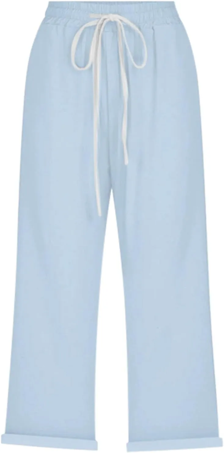 Capri Pants for Women Summer High Waist Elastic Capri Pants Straight Leg Lounge Pant Casual Loose Beach Trousers