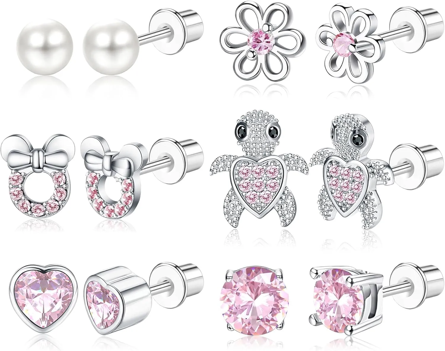 CASSIECA 20G Hypoallergenic Screwback Earrings for Teens Women Stainless Steel CZ Heart Flower Turtle Stud Earrings Jewelry Gift