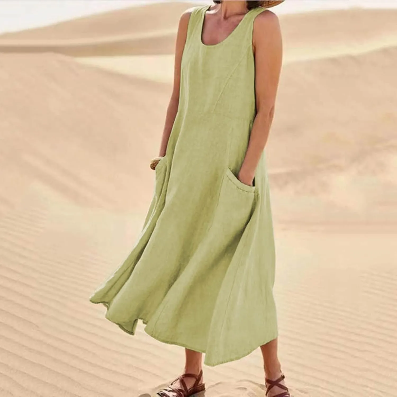 Ceboyel Women 2023 Solid Color Linen Dress Causal Summer Sun Dress Flowy Sleeveless Sundress Trendy Beach Maxi Long Dresses