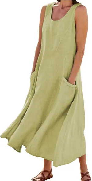 Ceboyel Women 2023 Solid Color Linen Dress Causal Summer Sun Dress Flowy Sleeveless Sundress Trendy Beach Maxi Long Dresses