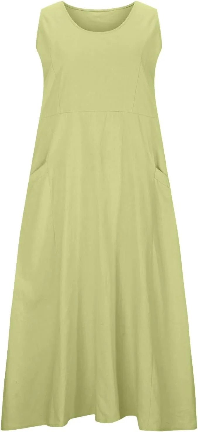 Ceboyel Women 2023 Solid Color Linen Dress Causal Summer Sun Dress Flowy Sleeveless Sundress Trendy Beach Maxi Long Dresses