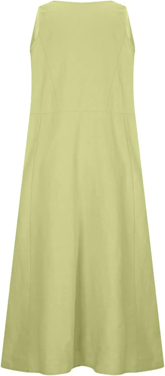 Ceboyel Women 2023 Solid Color Linen Dress Causal Summer Sun Dress Flowy Sleeveless Sundress Trendy Beach Maxi Long Dresses