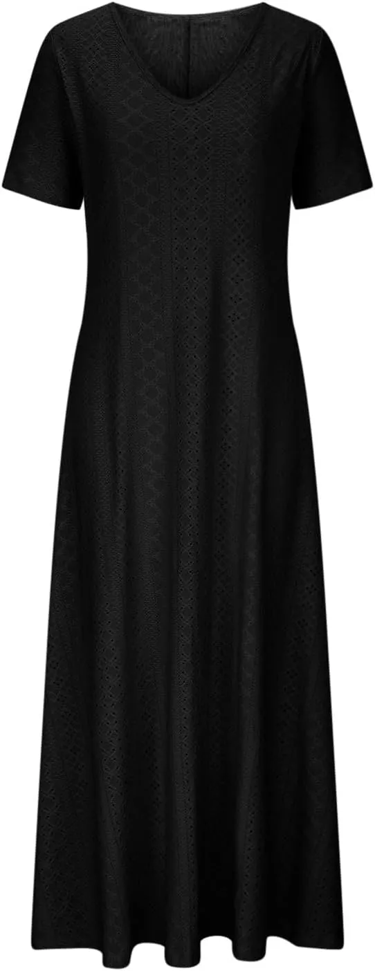 Ceboyel Women Boho Summer Causal Maxi Dresses Trendy Eyelet Short Sleeve Dress Beach Vacation Dresses 2024 Bohemian Clothes