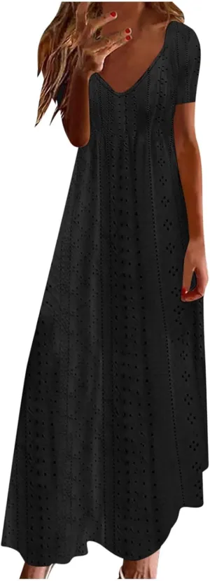 Ceboyel Women Boho Summer Causal Maxi Dresses Trendy Eyelet Short Sleeve Dress Beach Vacation Dresses 2024 Bohemian Clothes