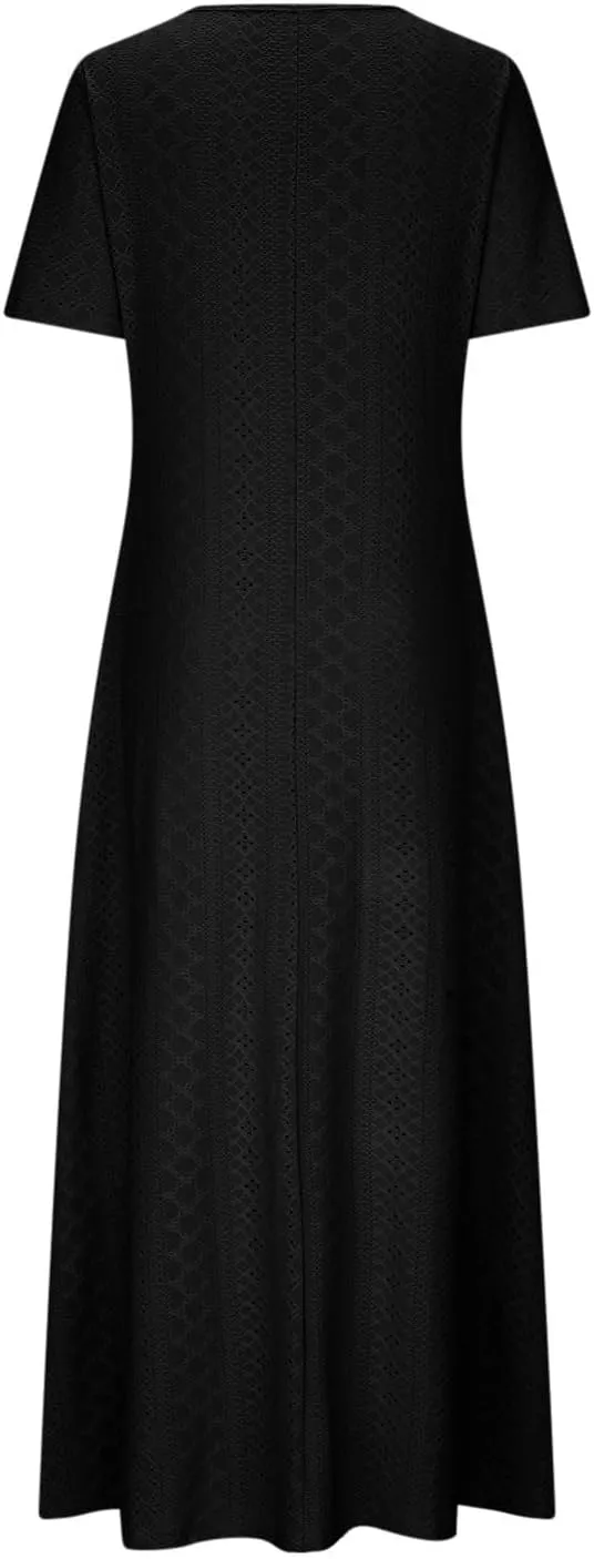 Ceboyel Women Boho Summer Causal Maxi Dresses Trendy Eyelet Short Sleeve Dress Beach Vacation Dresses 2024 Bohemian Clothes