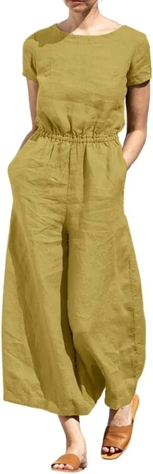 chouyatou Women's Elegant Sleeveless Linen Jumpsuits Casual Wide Leg Jumpsuit Pants Romper