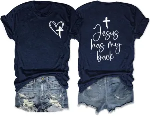 Christian T Shirts for Women Jesus Has My Back Graphic Tees Religious Faith Inspirational Tshirts Casual Tops