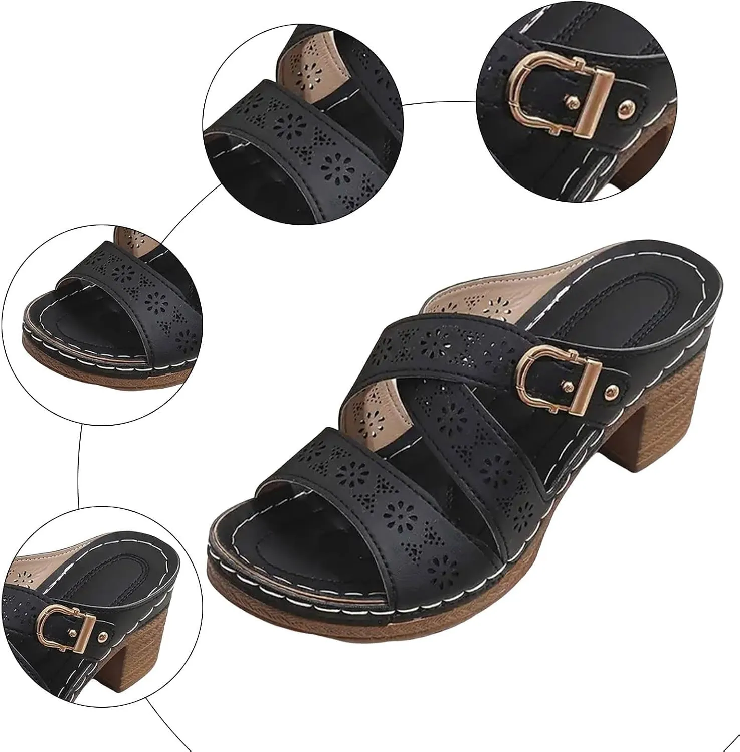 Chunky Heels for Women Summer Crisscross Hollow Out Platform Wedges Casual Adjustable Buckle Open Toe Slippers Beach Shoes