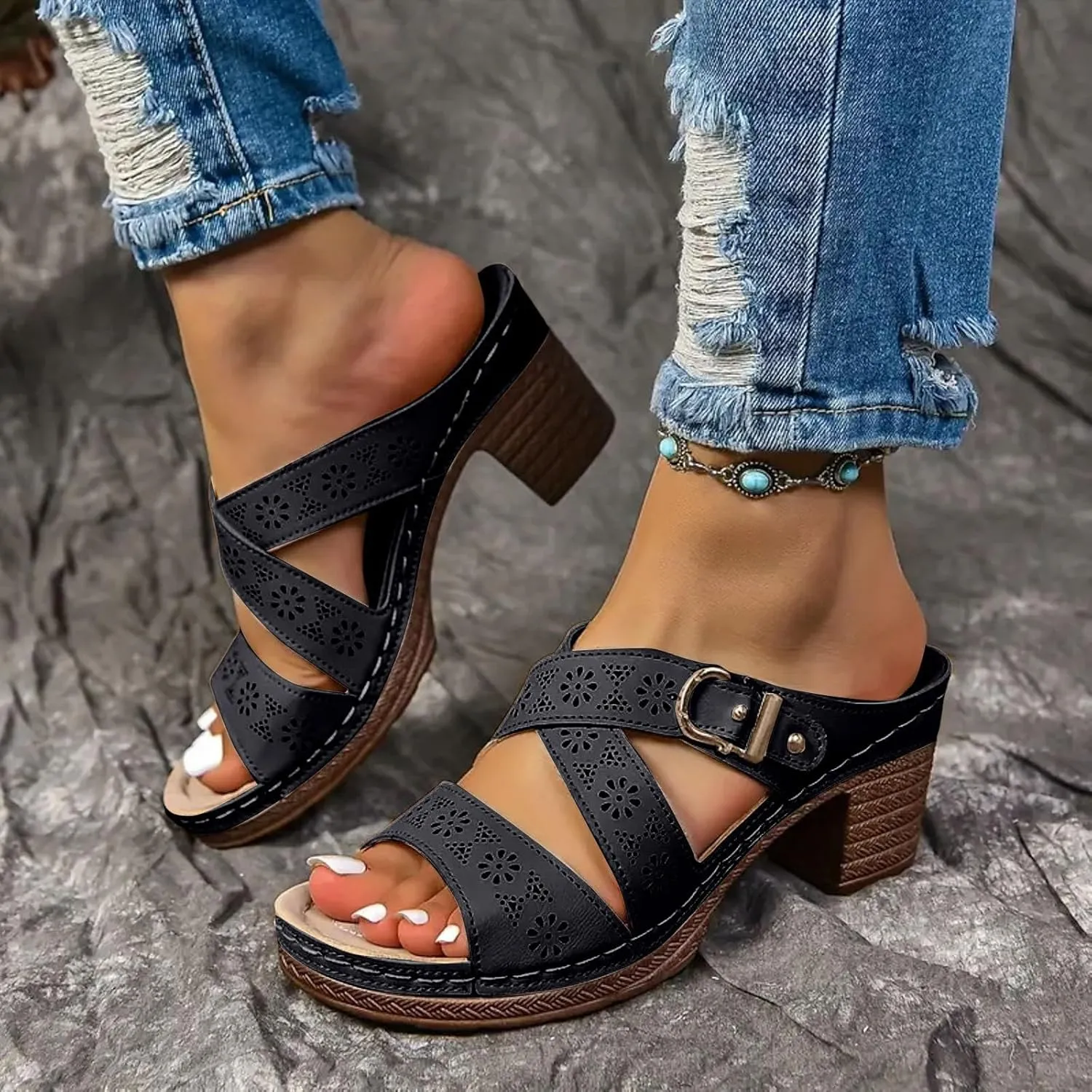 Chunky Heels for Women Summer Crisscross Hollow Out Platform Wedges Casual Adjustable Buckle Open Toe Slippers Beach Shoes