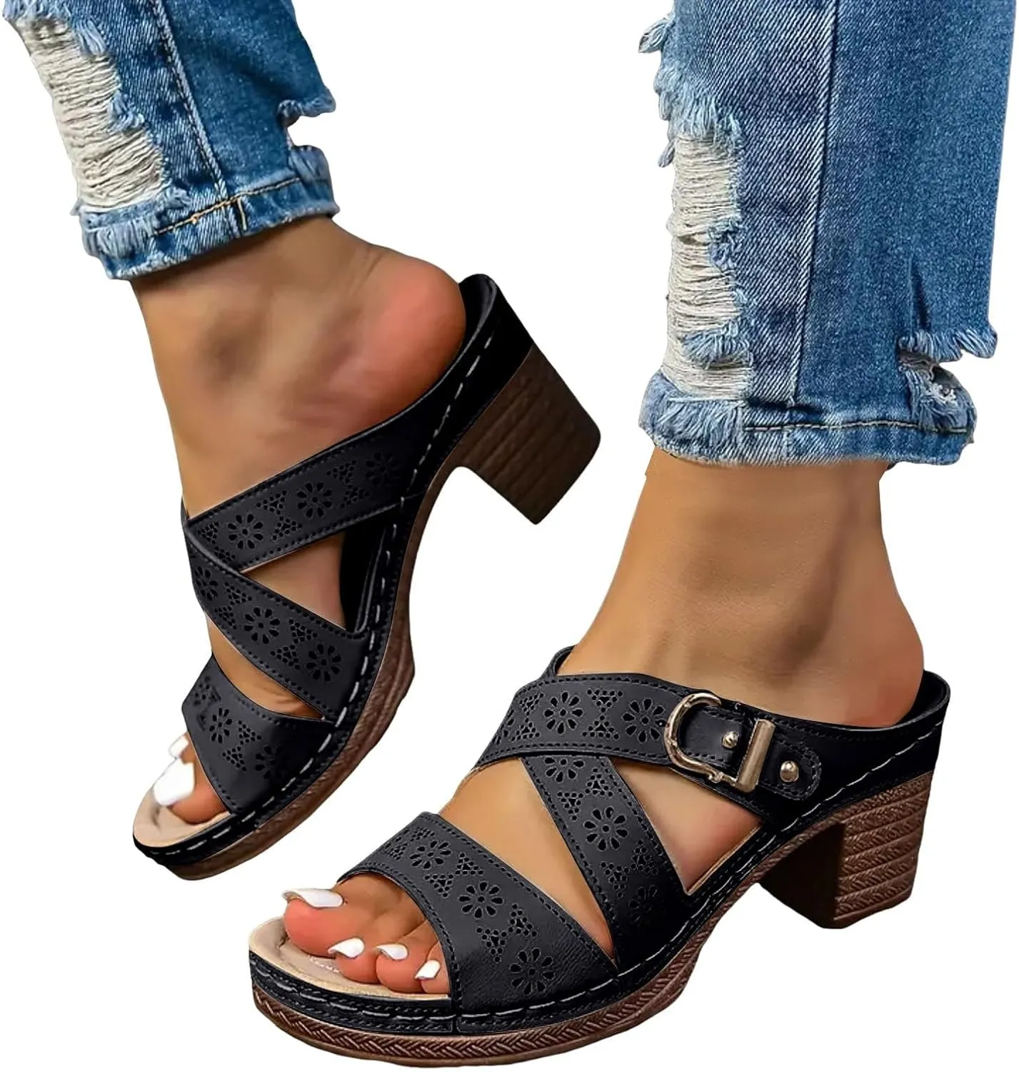 Chunky Heels for Women Summer Crisscross Hollow Out Platform Wedges Casual Adjustable Buckle Open Toe Slippers Beach Shoes