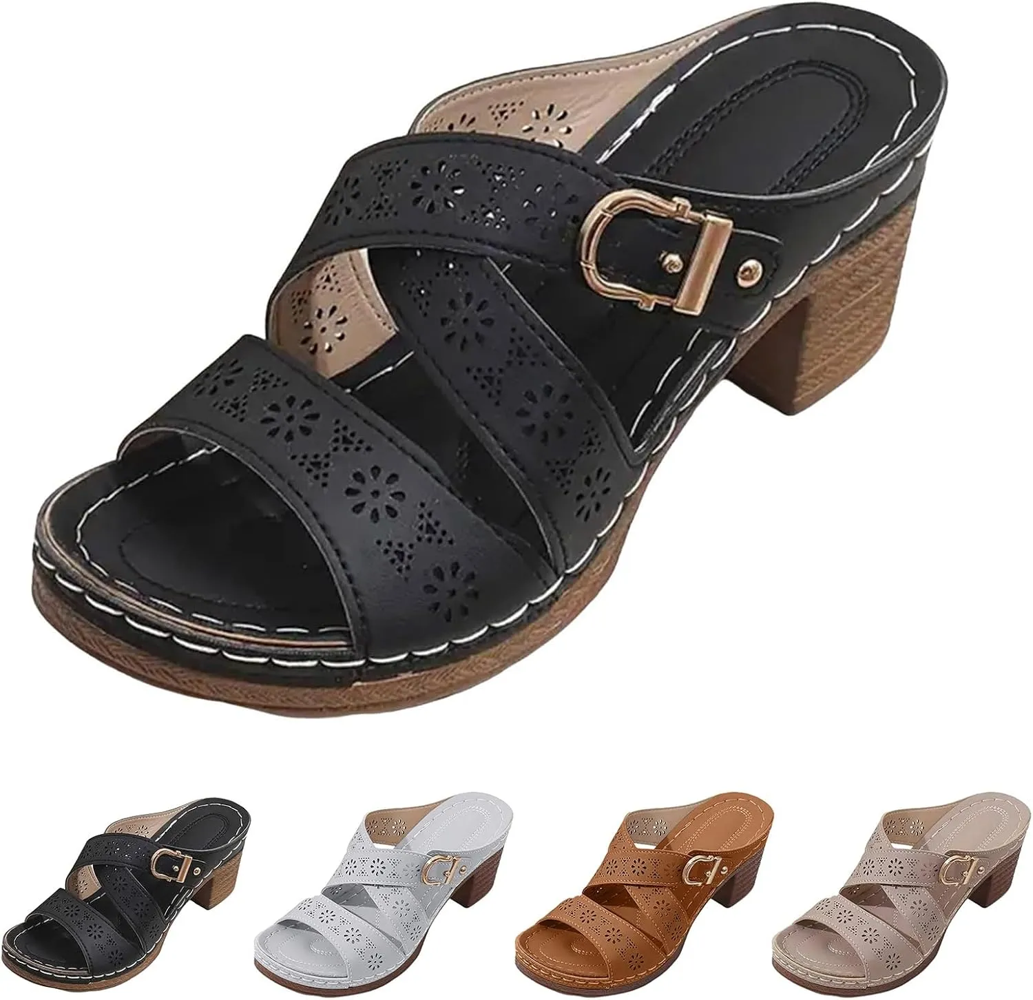 Chunky Heels for Women Summer Crisscross Hollow Out Platform Wedges Casual Adjustable Buckle Open Toe Slippers Beach Shoes