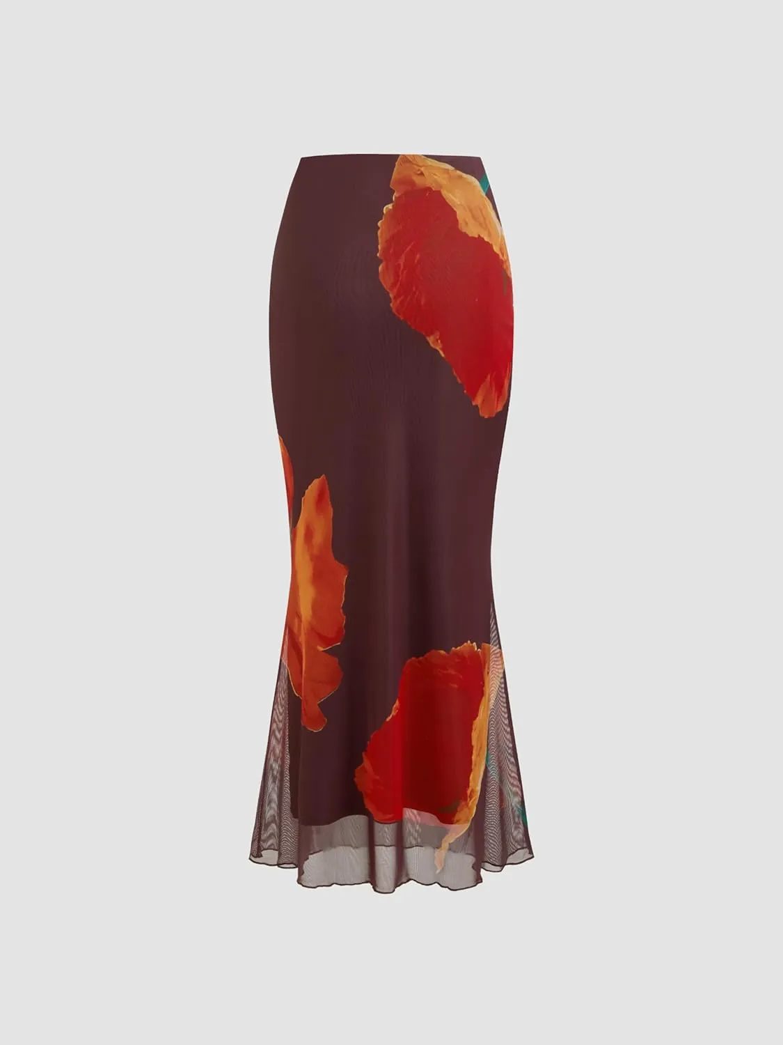 CIDER Floral Print Mesh Skirt Maxi Lined Slim Fit High Stretch Mid Waist Elegant Women Party Vacation Skirt