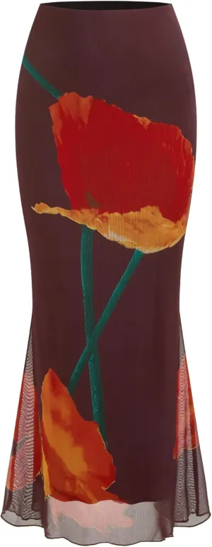 CIDER Floral Print Mesh Skirt Maxi Lined Slim Fit High Stretch Mid Waist Elegant Women Party Vacation Skirt