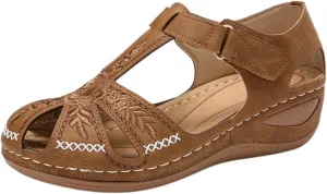 Closed Toe Wedges Sandals for Women, Ankle Strap Hook and Loop Gladiator Flat Causal Summer Shoes Outdoor Beach Athletic Wedge Orthopedic Anti-Slip Vintage Cross Belt Hollow Out Sandal