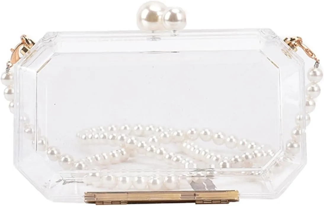 Clutch Purses for Women Fashion Box Evening Clutch Bag for Women Pearl Chain Purse for Wedding and Party