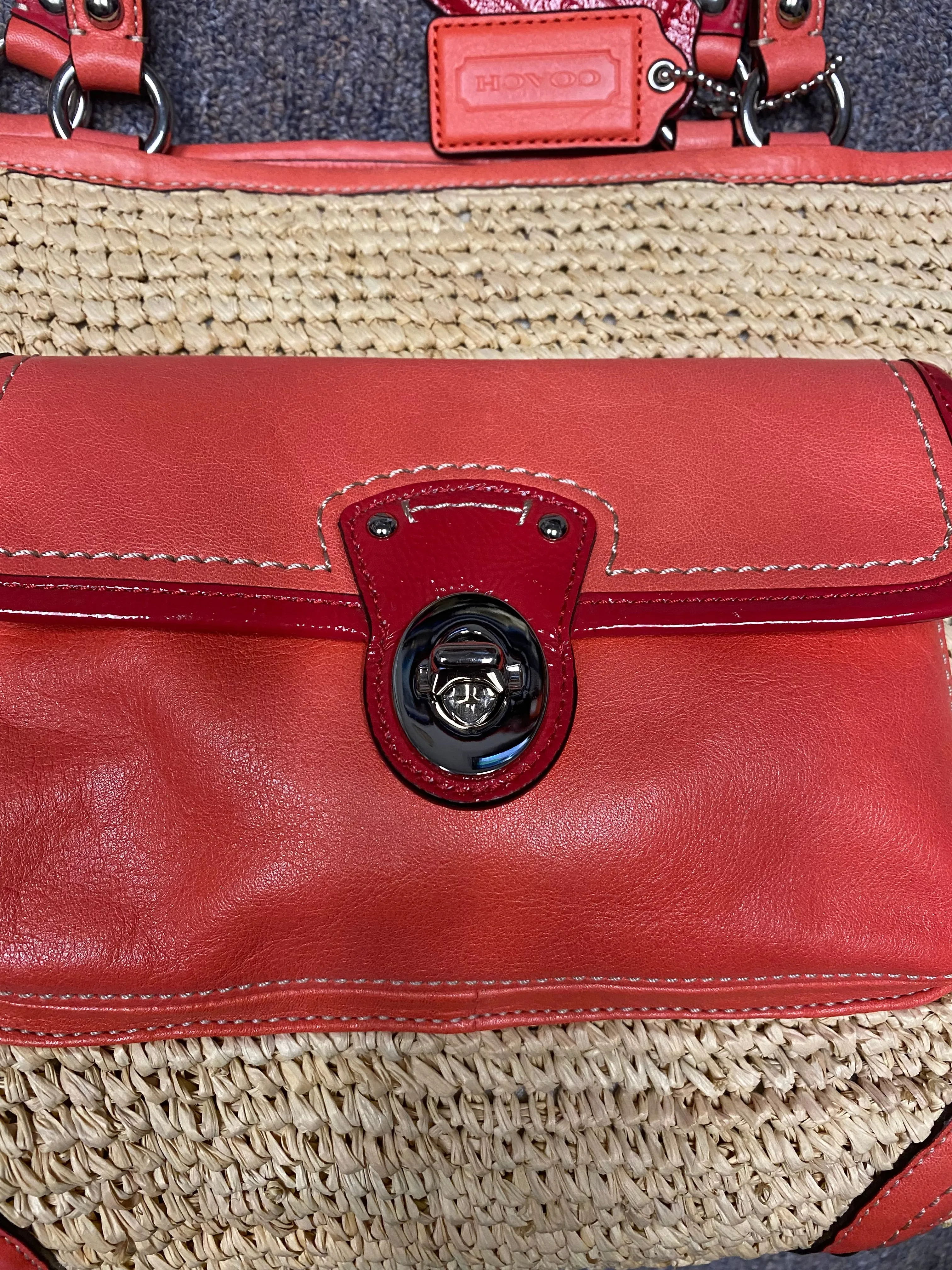 Coach Straw Pocket Purse Tote Bag Coral Leather Trim Shoulder Straw Bag #22904