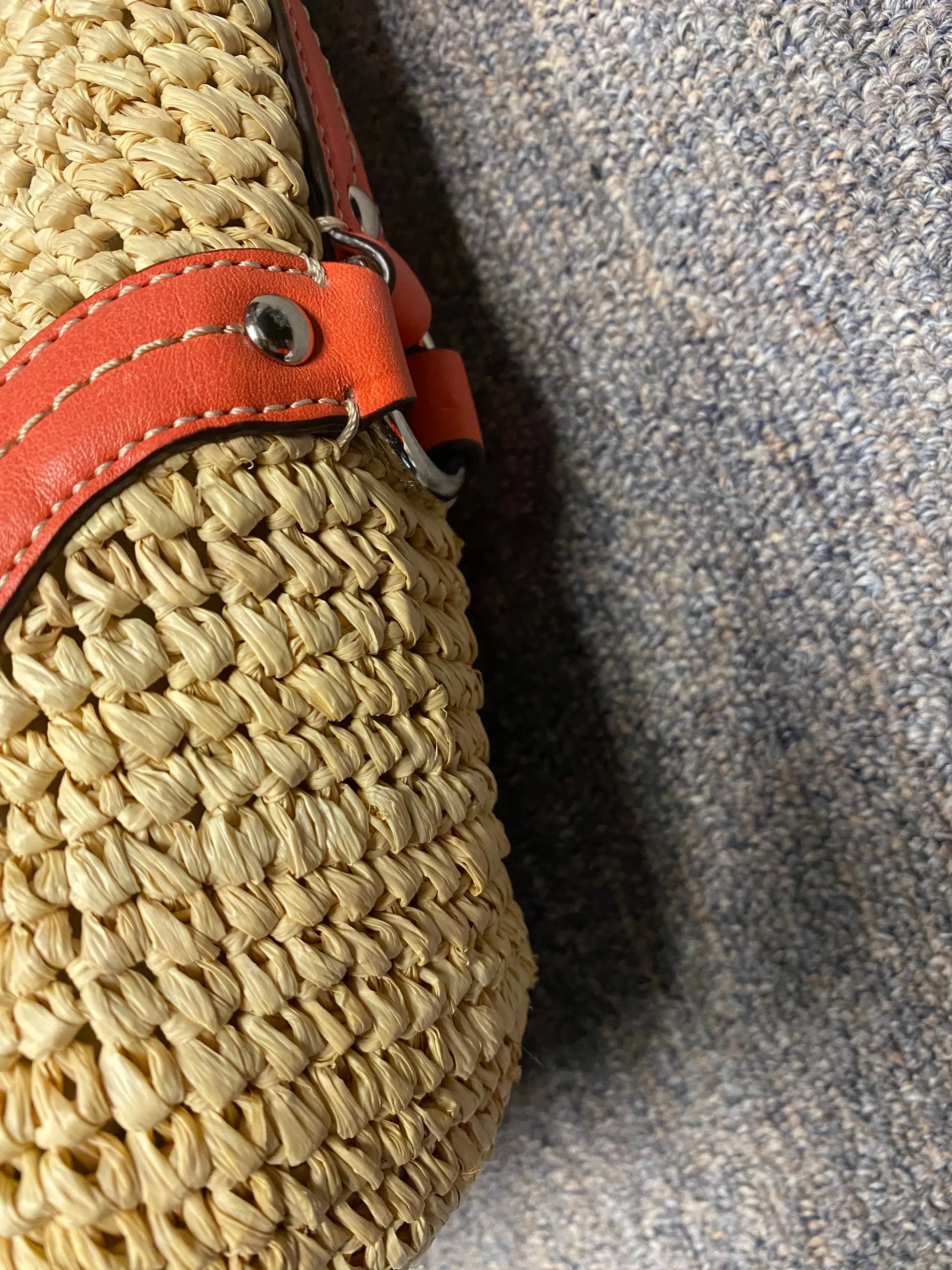 Coach Straw Pocket Purse Tote Bag Coral Leather Trim Shoulder Straw Bag #22904