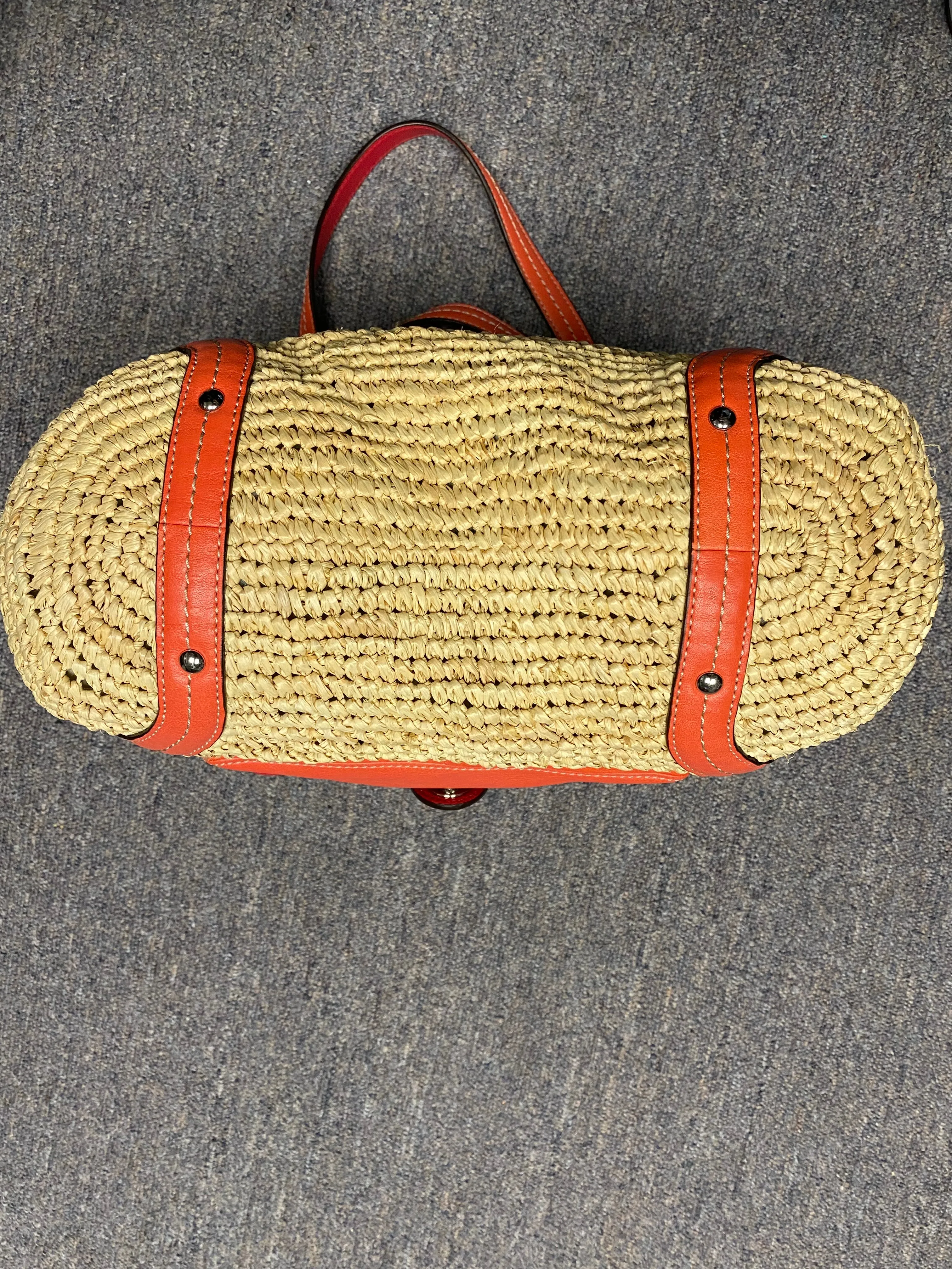 Coach Straw Pocket Purse Tote Bag Coral Leather Trim Shoulder Straw Bag #22904